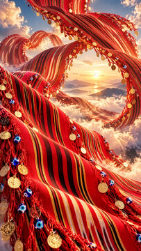 Surreal Red Woven Textiles with Golden Coins and Evil Eye Beads Floating Above Clouds