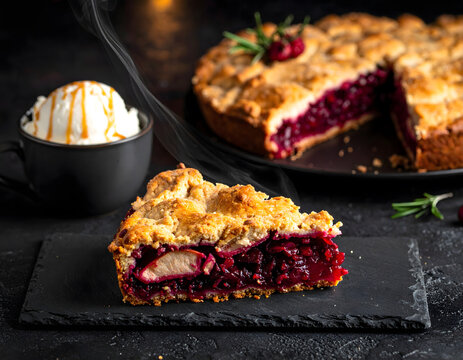 Dark mood berry apple deep dish pie slice with ice cream caramel web banner.