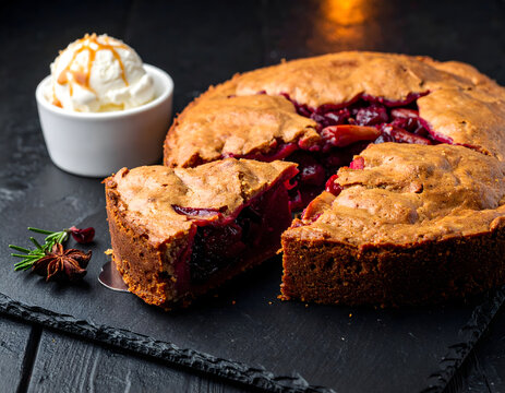 Dark mood berry apple deep dish pie slice with ice cream caramel web banner.