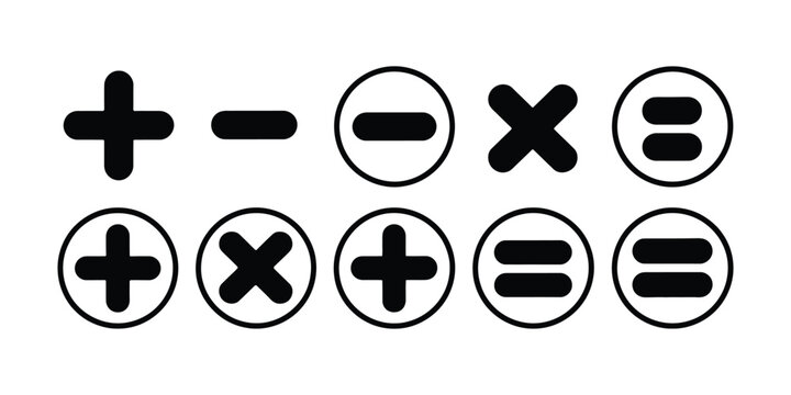Math operation icons, plus, minus, multiplication, division and equal symbols, clean vector design for education, calculation, school worksheets and digital interfaces.