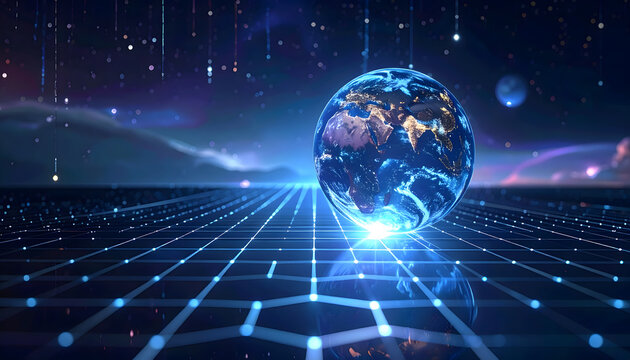 Futuristic 3D Digital Globe Sphere on Dark Microchip Grid Background Banner.