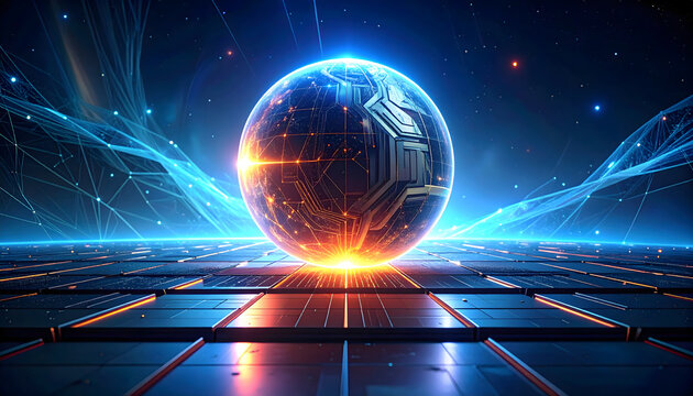 Futuristic 3D Digital Globe Sphere on Dark Microchip Grid Background Banner.