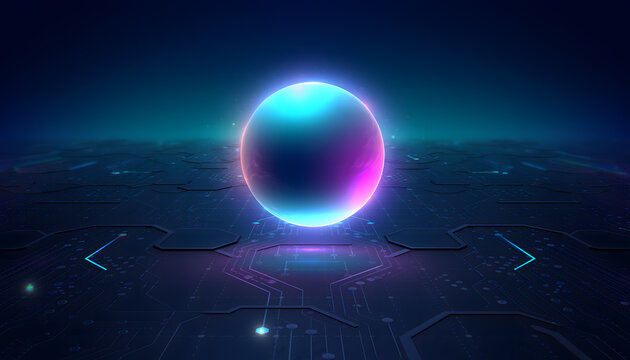 Futuristic 3D Digital Globe Sphere on Dark Microchip Grid Background Banner.