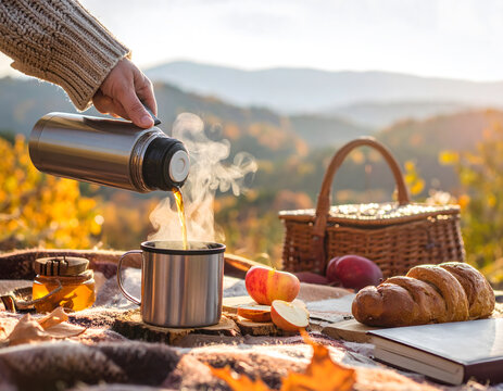 Cozy Autumn Picnic Banner with Hot Tea Thermos and Scenic Mountain View.