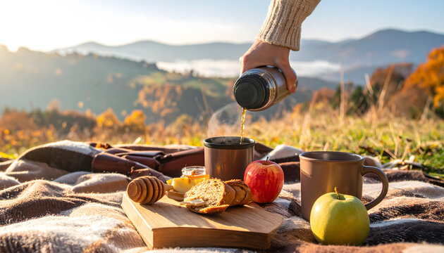 Cozy Autumn Picnic Banner with Hot Tea Thermos and Scenic Mountain View.