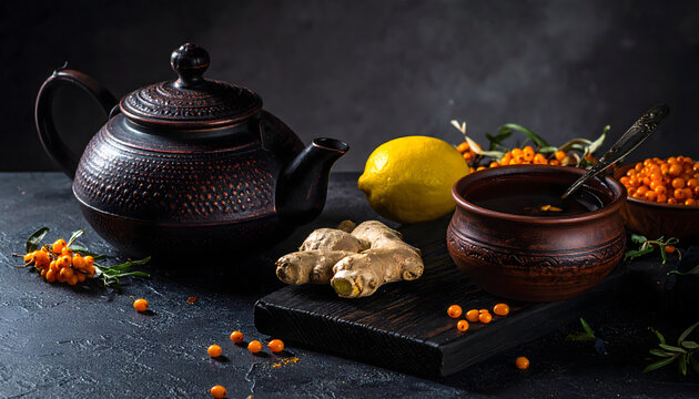 Rustic Sea Buckthorn Tea Still Life Banner with Cast Iron Teapot and Ginger.
