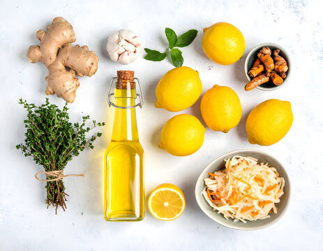 Flatlay Banner of Healthy Natural Ingredients Oil Honey Lemon Ginger and Sauerkraut.