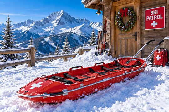 Red rescue sled resting in snow outside wooden mountain hut, snowy alpine mountains and pine trees under blue sky. Winter emergency services, ski safety, mountain rescue.