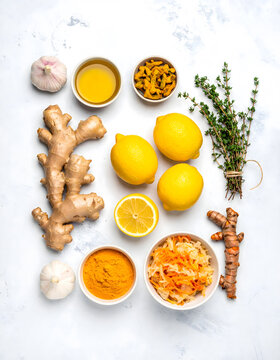 Flatlay Banner of Healthy Natural Ingredients Oil Honey Lemon Ginger and Sauerkraut.