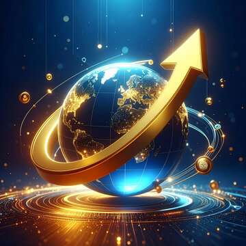 A golden arrow ascends around a glowing, digital globe against a deep blue background. Nobody is present in this 3D conceptual metaphor of global financial growth, success, and innovation.