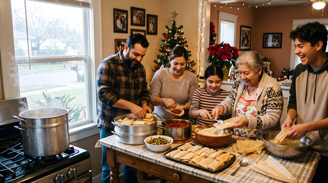 Hispanic Family Making Tamales Together During Christmas Holiday Tradition
