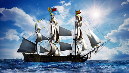 Vintage sailing ship at the sea under clear sky. 3D illustration © Destina