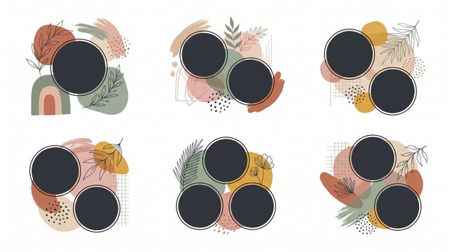 Abstract watercolor botanical background with black circular placeholders for social media posts