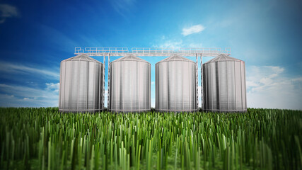 Agriculture grain silos on grass under blue sky. 3D illustration © Destina
