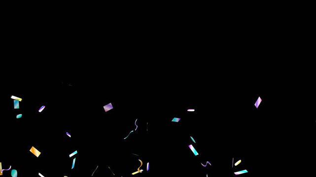 Electric cyber neon metallic foil confetti triple sequential cannon burst on black background, 10s 4k futuristic party explosion video overlay for screen blend mode, celebration motion graphic element