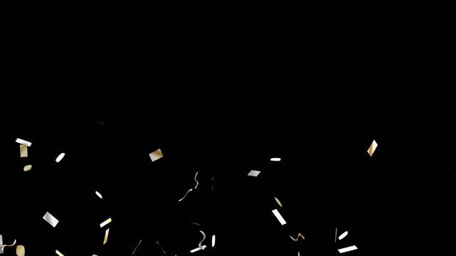 Luxury golden yellow silver metallic foil confetti triple sequential burst on black background, 10s 4k elegant party stage explosion video overlay for screen blend mode, celebration motion graphic