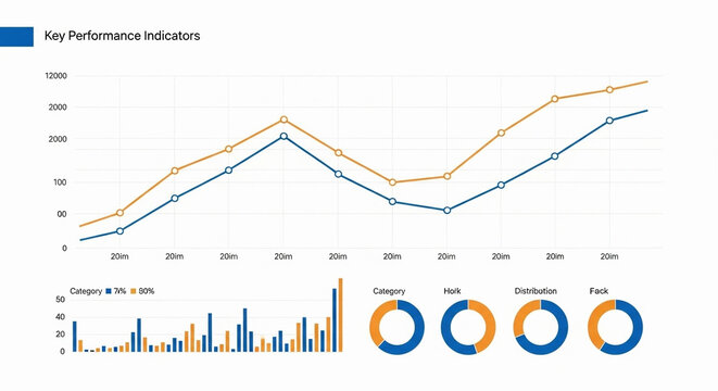 Professional corporate presentation dashboard showing fluctuating market trends alongside comparative ring charts and bar graphs for effective financial reporting within an enterprise business
