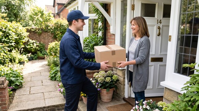 A young Caucasian male delivery person hands a package to a smiling Caucasian female homeowner at her front door, surrounded by greenery.