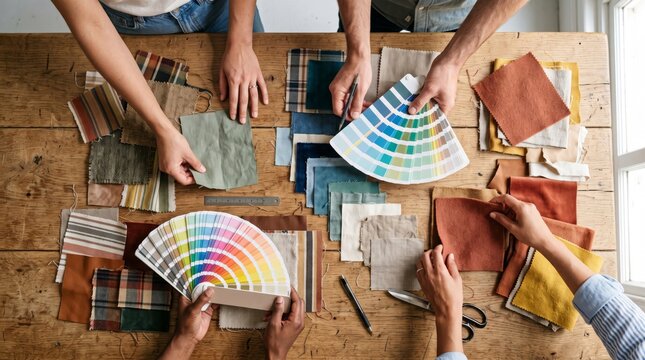 A collaborative workspace featuring diverse hands selecting fabric swatches and color palettes for a project.