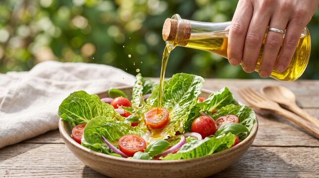 A hand drizzles olive oil onto a fresh garden salad featuring vibrant green lettuce and ripe cherry tomatoes.