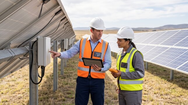 Two professionals, a Caucasian man and an Asian woman, inspecting solar panels at an outdoor facility, with clear skies above.