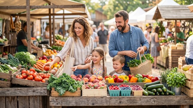 A happy family of four, including a woman, a man, and two children, shopping for fresh produce at an outdoor market.