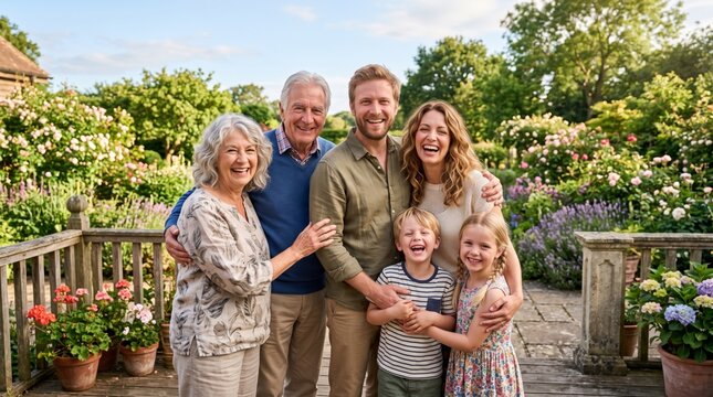 A joyful multi-generational family portrait in a blooming garden, featuring laughing adults and children embracing each other warmly.