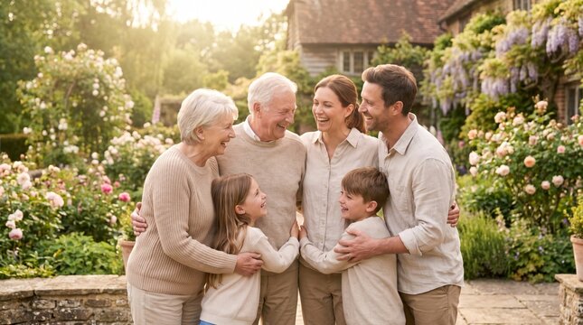 A joyful multigenerational family embraces each other in a lush garden, basking in the warm glow of golden sunlight.