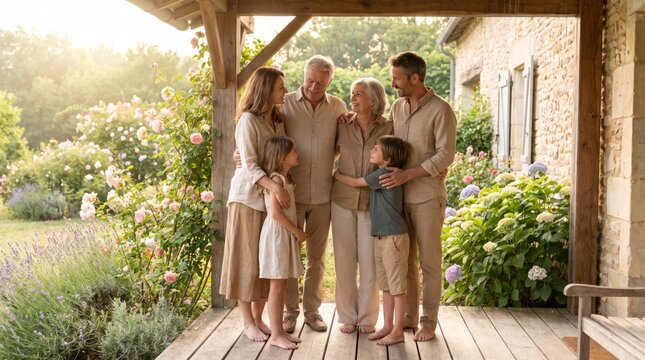 A joyful multigenerational family gathering, showcasing love and connection on a sunlit porch surrounded by blooming flowers.