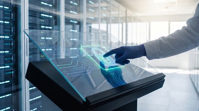 A male technician in a lab coat and gloves interacts with a futuristic touchscreen displaying a padlock symbol, symbolizing cybersecurity.
