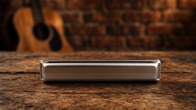 Vintage silver harmonica on rustic table with guitar behind