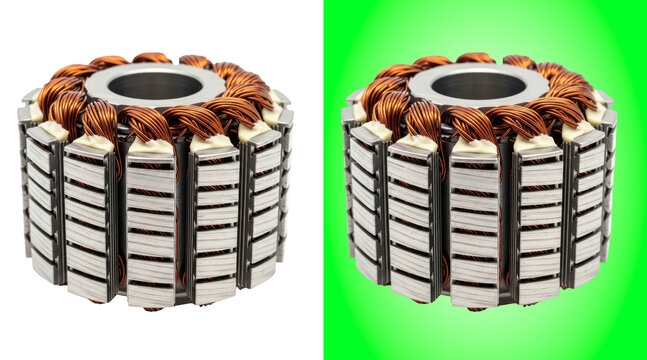 Industrial electric motor stator with copper wire windings on a bright green background view