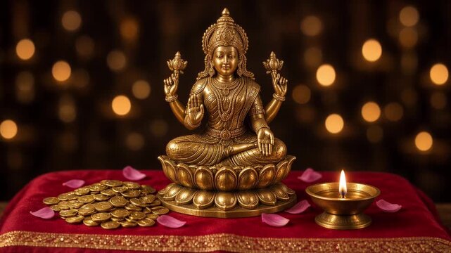 Polished brass Lakshmi idol on red silk with gold coins