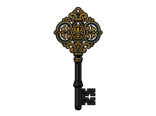 Elegant vintage ornate golden skeleton key with fleur de lis for access © WM
