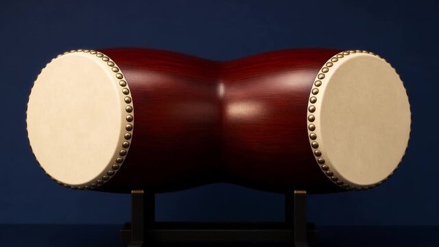 Red wooden Japanese taiko drum with brass studs on stand