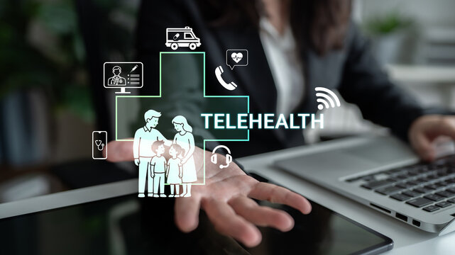 Modern telehealth concept showcasing virtual healthcare services with a family illustration, promoting effective communication and improved access to healthcare solutions. Nascent