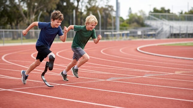 Two young boys running a race on a track, one with a prosthetic leg