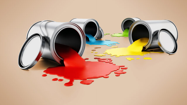 Open metal paint cans with spilled paints. 3D illustration