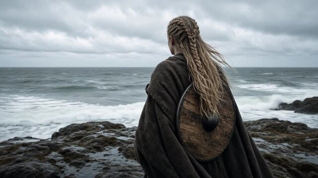 Viking shieldmaiden with braids on rocky northern shore