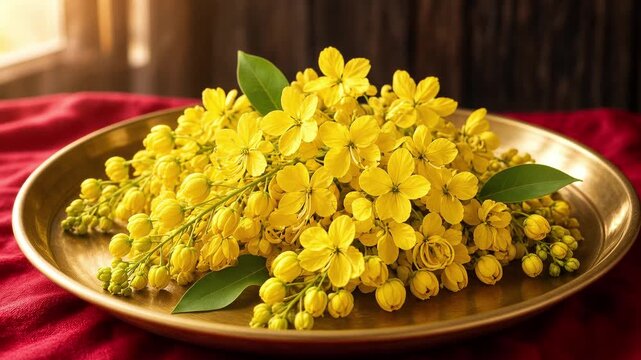 Golden konna flowers heaped on brass plate for Vishu