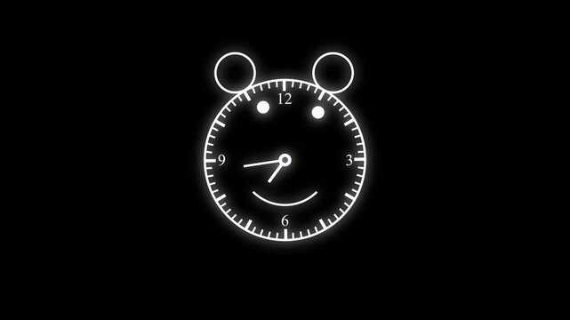 Cute cartoon clock face with funny smiley expression, round ears, and moving clock hands ticking on a dark background for kids animation and fun time concepts