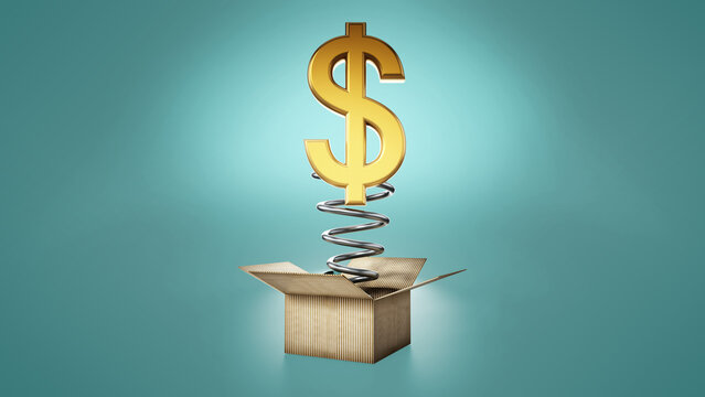 Gold dollar symbol popping out of the cardboard box. 3D illustration