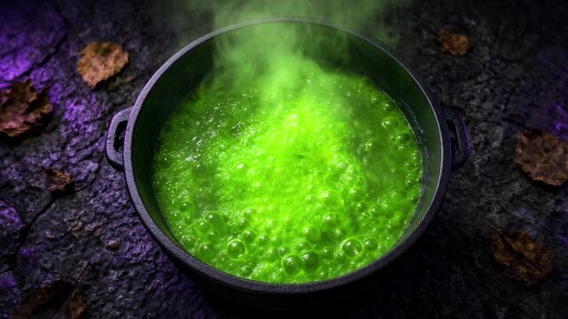 Bubbling green potion in black cauldron, top-down view