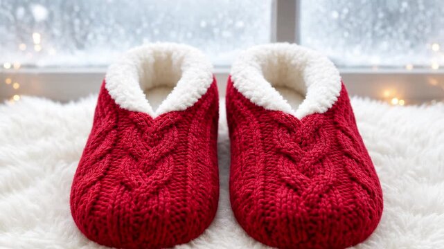 Red knit slippers on sheepskin rug by frosted window