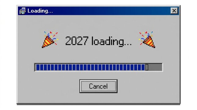 New year 2027 loading progress bar with party popper icons on a retro