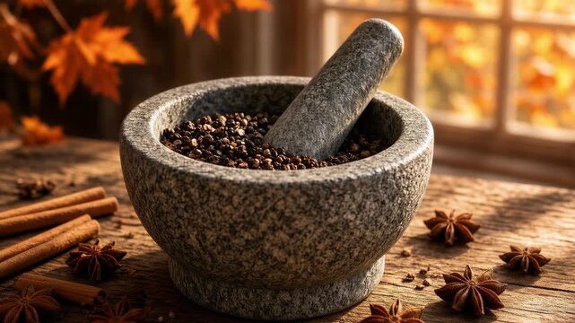 Granite mortar and pestle with spices on rustic table