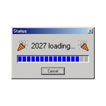 New year 2027 loading progress bar on retro computer interface screen