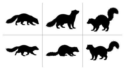 Fototapeta premium Striped polecat silhouettes set with figures walking and standing for wildlife design