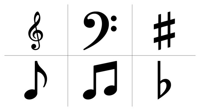 Music notation silhouettes with treble clef, bass clef, sharp, eighth note, sixteenth notes and flat for education or design