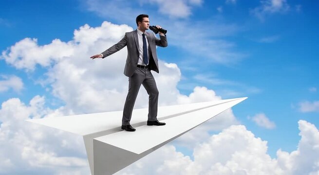 A businessman in a suit stands on a flying paper airplane in the sky, balancing himself while looking through binoculars at the horizon. 